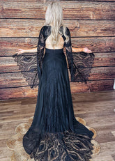 Maureen | Gothic Black V Neck Corset Backless Bell Sleeve Lace Wedding Dress - Black - PromDressClub